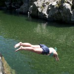 A stop on the way to Kaiterteri. The location where the Hobbit river rafting scene was filmed. Caroline cannot resist a dive in the water